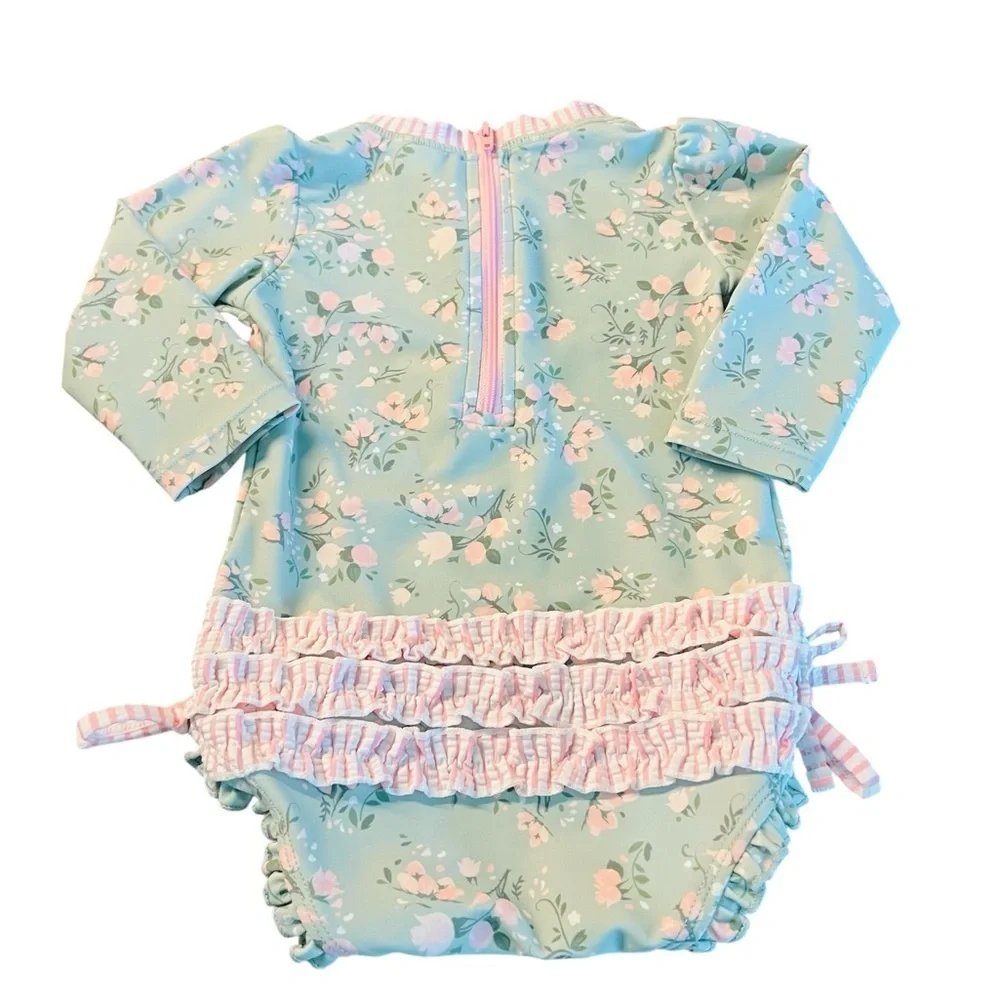Ruffle Butts Mint and Pink Floral Baby One Piece Rashguard Swimsuit